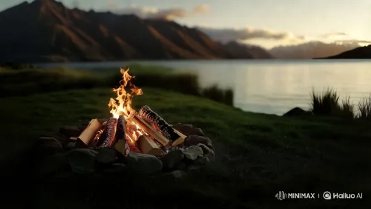 Rustic Bonfire Loop: Lush Grass and Soothing Flames – AI Generated Video | Hailuo AI