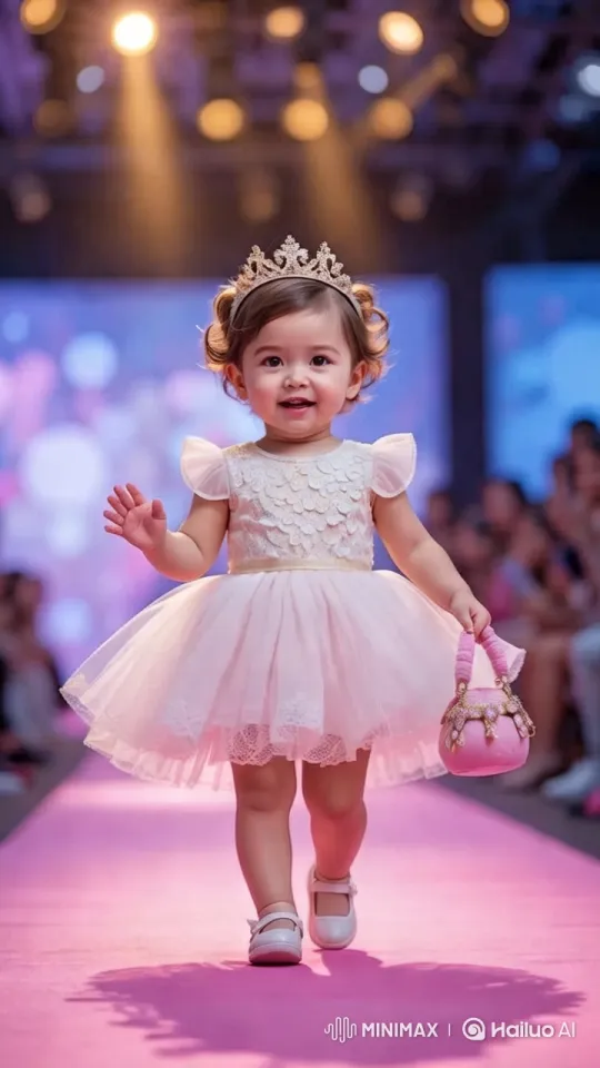 Elegant Young Girl in Lace Dress on Pink Runway – AI Generated Video | Hailuo AI