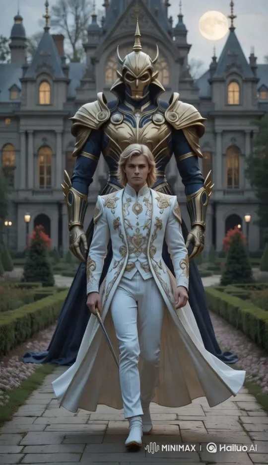Regal Man and Armored Bodyguard on Stone Pathway – AI Generated Video | Hailuo AI