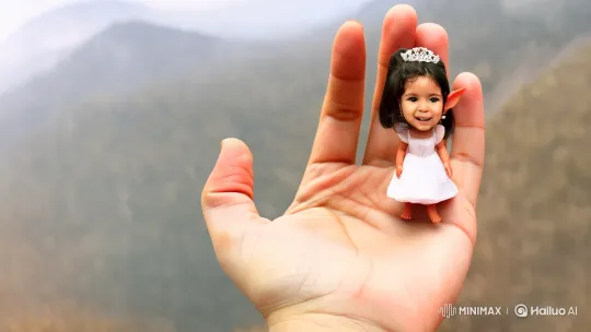 Miniature Girl on a Giant Hand in Mountain Landscape – AI Generated Video | Hailuo AI