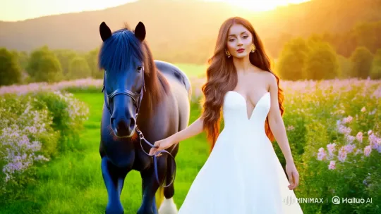 Elegant Woman and Horse in Enchanting Landscape at Sunset – AI Generated Video | Hailuo AI