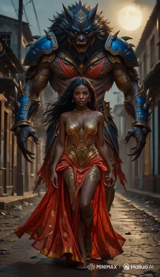 Elegant Woman and Vigilant Bodyguard on a Nocturnal Stroll – AI Generated Video | Hailuo AI
