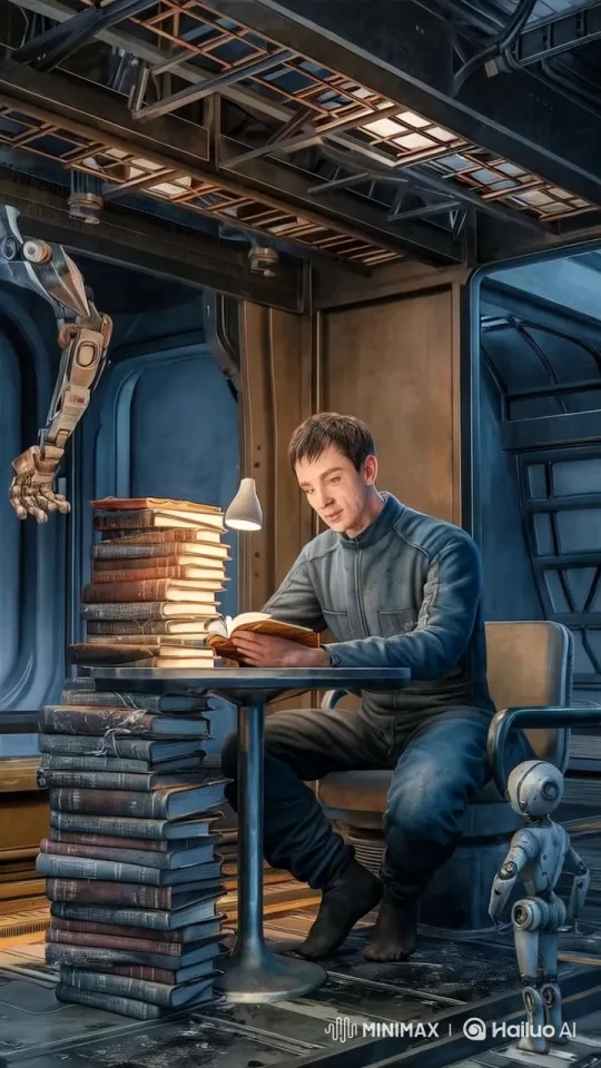 Futuristic Reader in High-Tech, Book-Laden Room – AI Generated Video | Hailuo AI
