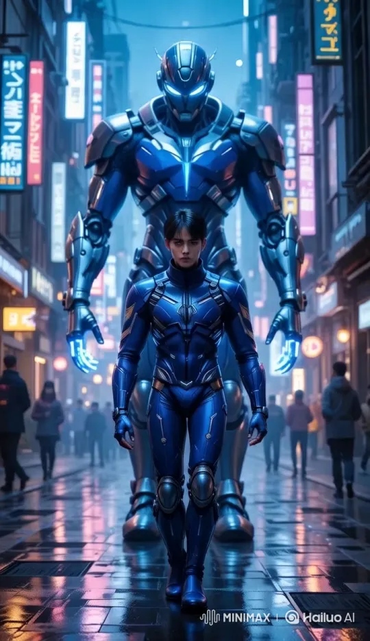 Futuristic Man and Armored Bodyguard Walk Through Neon City – AI Generated Video | Hailuo AI