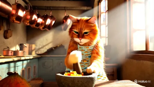 Ginger Cat Prepares Papaya Salad in Rustic Kitchen – AI Generated Video | Hailuo AI