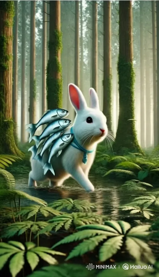 Mystical Rabbit Carrying Fish in Enchanted Forest – AI Generated Video | Hailuo AI