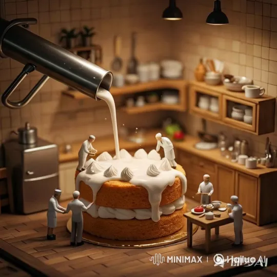 Mini Chefs Craft Intricate Cake with Flowing Milk Artistry – AI Generated Video | Hailuo AI