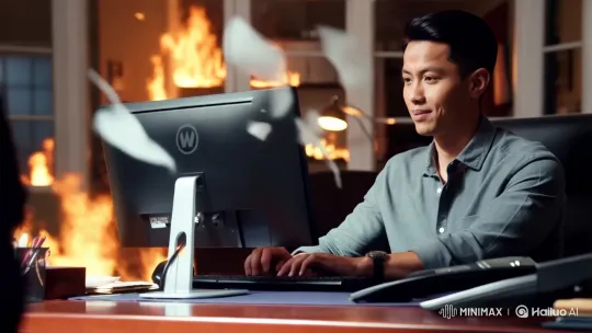 Man Types Calmly Amidst Office Fire Chaos – AI Generated Video | Hailuo AI