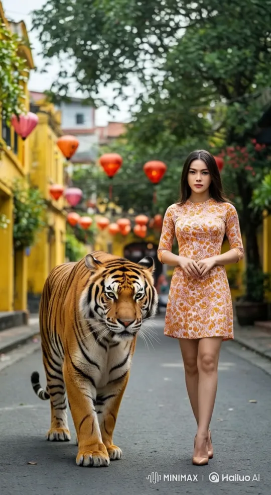 Woman and Tiger Stroll Through Colorful Lanterns Street – AI Generated Video | Hailuo AI