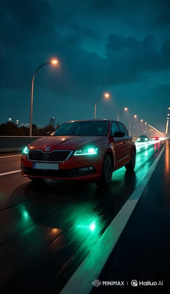 Red Skoda Slavia in Futuristic Neon Night Drive – AI Generated Video | Hailuo AI