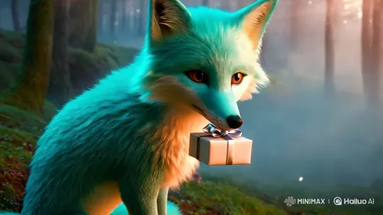 Turquoise Fox in Enchanted Forest with Gift Box – AI Generated Video | Hailuo AI
