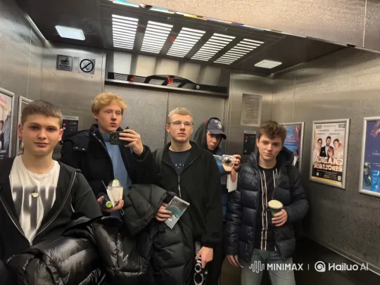 Elevator Scene Showcases Friendship Among Young Men – AI Generated Video | Hailuo AI