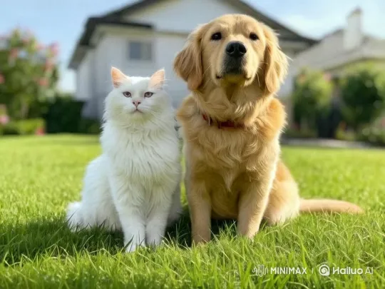 Flying Dog and Waving Cat on Green Lawn – AI Generated Video | Hailuo AI