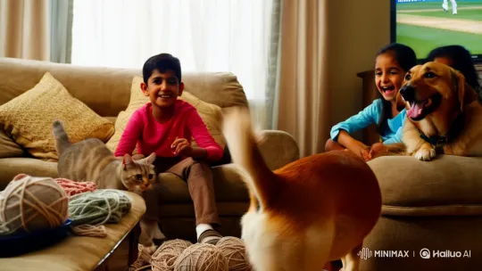 Children and Pets Enthralled by Cricket Match on TV – AI Generated Video | Hailuo AI