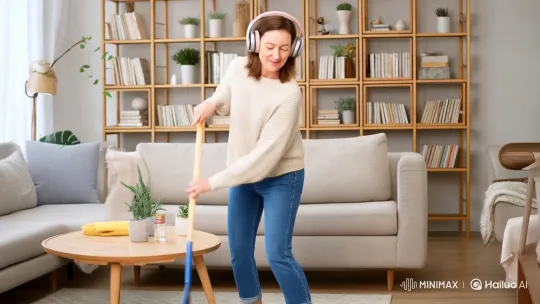 Woman Dancing and Sweeping with Joyful Energy – AI Generated Video | Hailuo AI