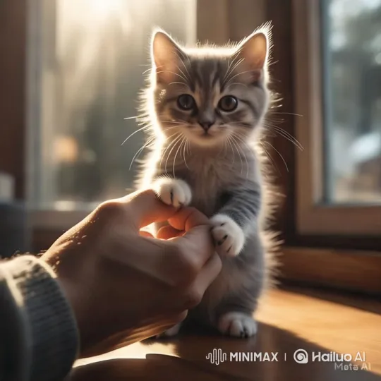 Adorable Kitten Interacts with Human Hand in Sunlit Moment – AI Generated Video | Hailuo AI