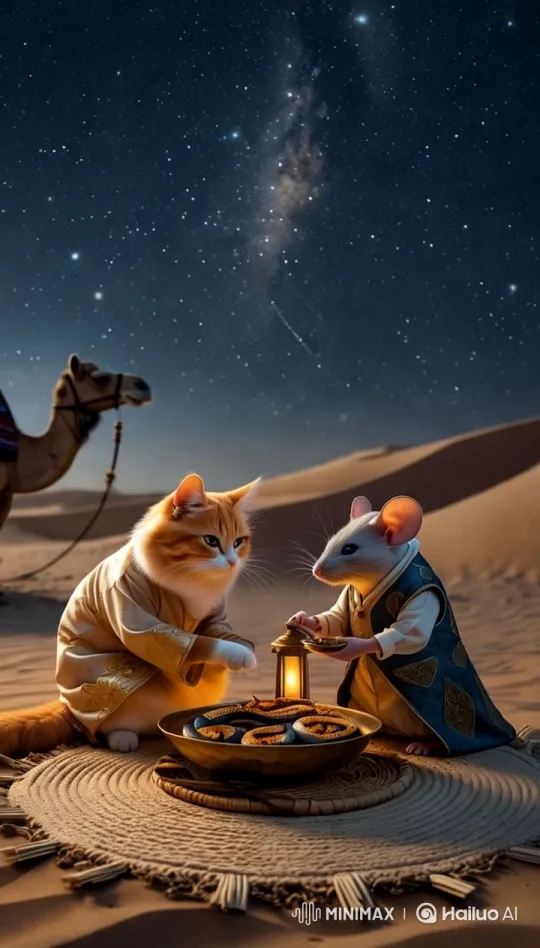 Sahara Feast: Cat, Mouse, and Desert Camaraderie – AI Generated Video | Hailuo AI