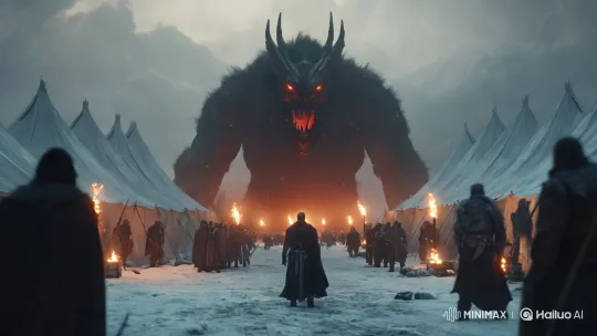 Monstrous Assault on Snowy Battlefield: Epic Clash Begins – AI Generated Video | Hailuo AI