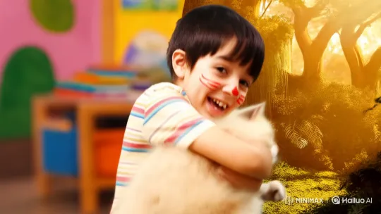 Boy with Painted Face and Cat in Whimsical Adventure – AI Generated Video | Hailuo AI