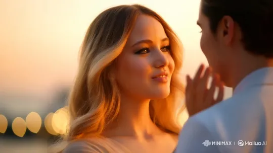 Romantic Scene: Blonde Woman Kisses in Golden Light – AI Generated Video | Hailuo AI