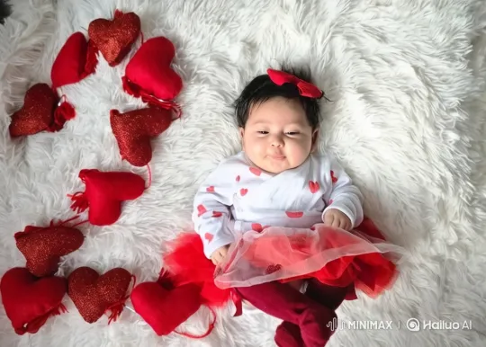 Baby in Heart-Shaped Pillows on Fluffy Surface – AI Generated Video | Hailuo AI