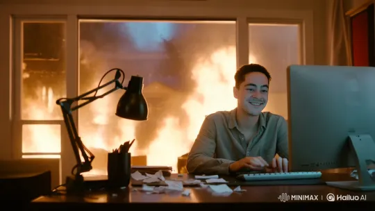 Young Man Calmly Types Amidst Office Inferno – AI Generated Video | Hailuo AI