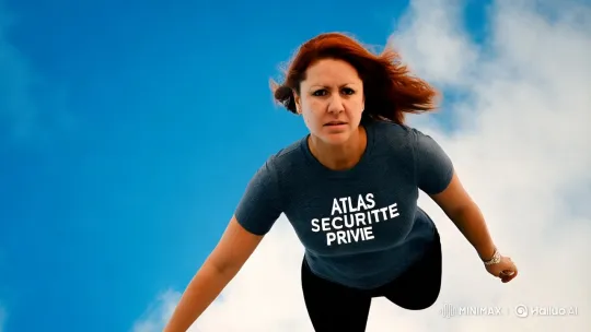 Female Superhero Soars Through Sky in Atlas Security Tee – AI Generated Video | Hailuo AI