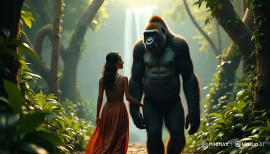 Serene Forest: Woman and Gorilla's Harmonious Walk – AI Generated Video | Hailuo AI