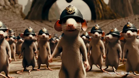 Unified Mice Raise Fists in Dramatic Cinematic Display – AI Generated Video | Hailuo AI