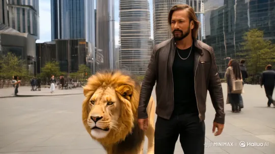 Man with Lion Walks Through Modern Cityscape – AI Generated Video | Hailuo AI