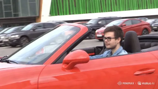 Man in Red Convertible Shoots at Camera in Dynamic Scene – AI Generated Video | Hailuo AI