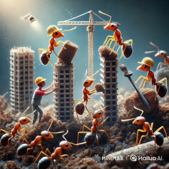 Anthropomorphic Ants Collaborate with Human on Skyscraper Construction – AI Generated Video | Hailuo AI