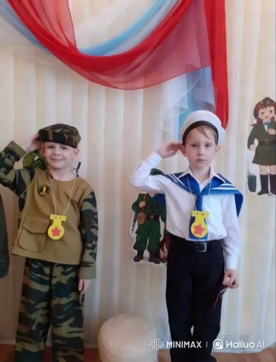 Children in Military Uniforms Salute and Embrace – AI Generated Video | Hailuo AI