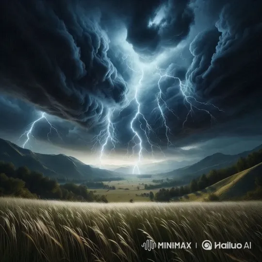 Dramatic Thunderstorm Over Vast Grassland with Swirling Clouds – AI Generated Video | Hailuo AI