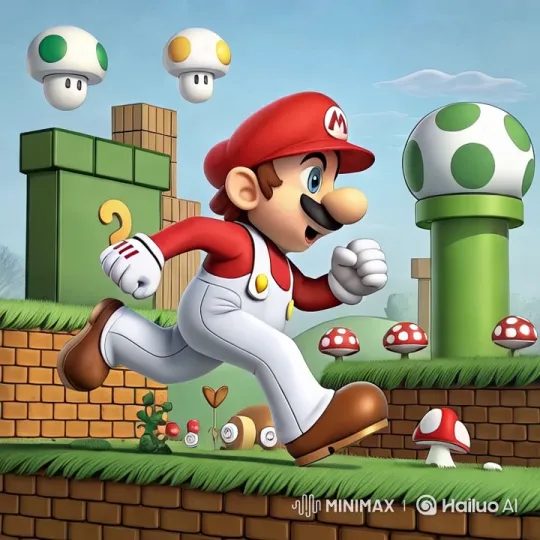 Mario's Dynamic Run in a Vibrant Game Landscape – AI Generated Video | Hailuo AI