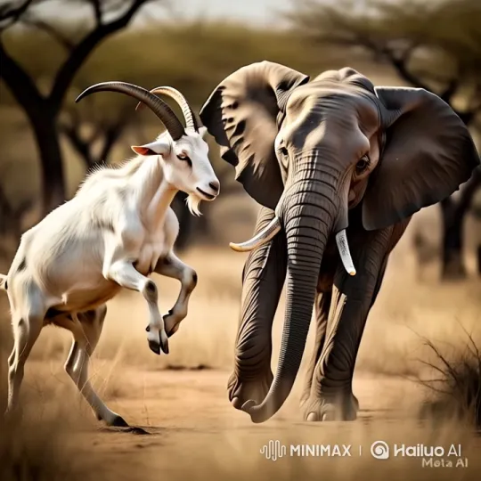 Goat Defends Against Falling Elephant in Savannah – AI Generated Video | Hailuo AI