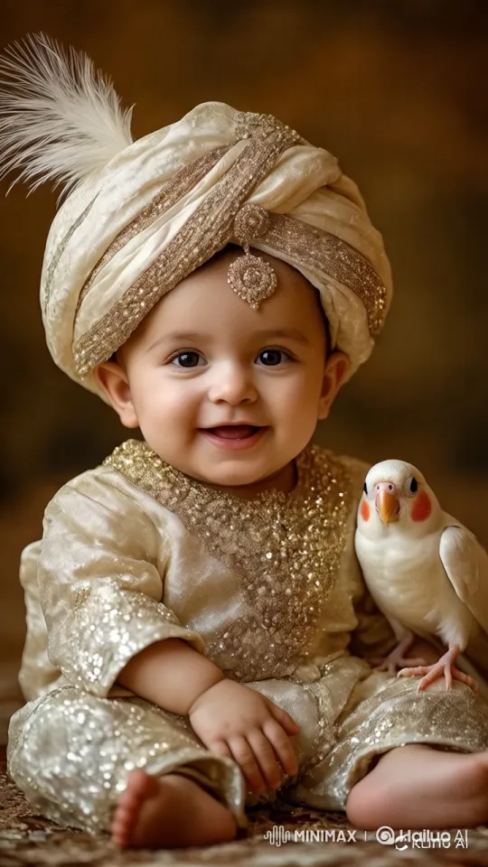 Baby in Ornate Attire with Bird on Arm – AI Generated Video | Hailuo AI
