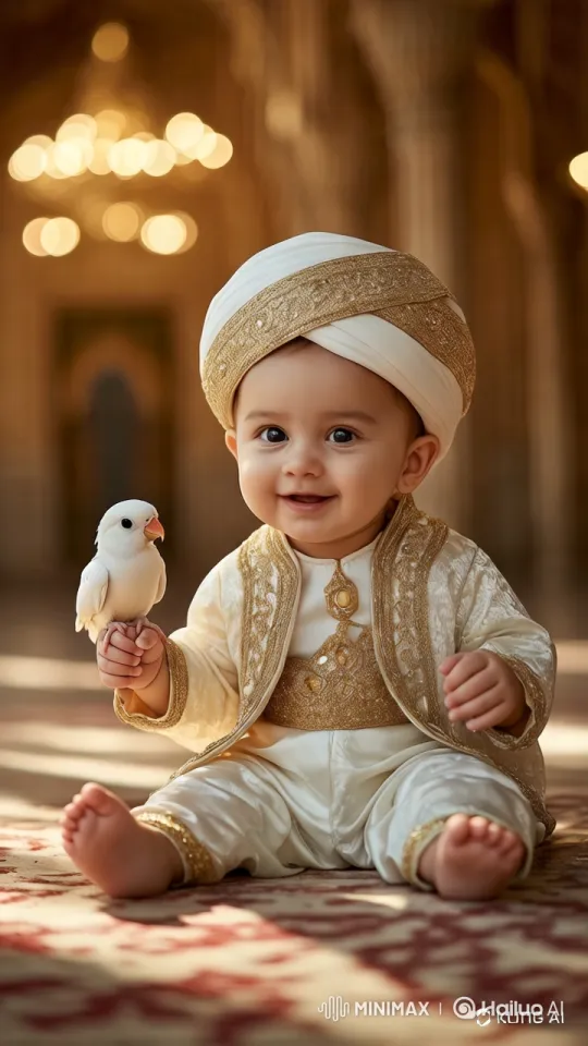 Innocent Baby Interacts with Bird in Opulent Setting – AI Generated Video | Hailuo AI