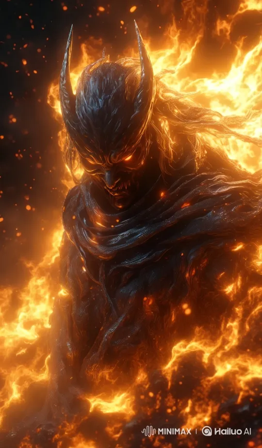 Demonic Figure in Flames: A Cinematic Spectacle – AI Generated Video | Hailuo AI