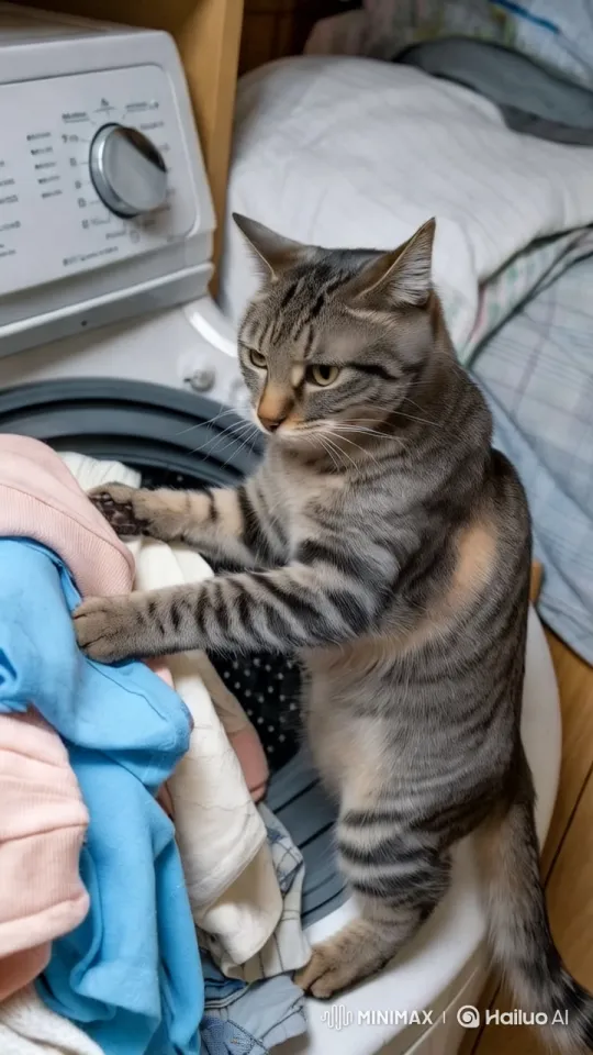 Tabby Cat Curiously 'Washes' Laundry in Cozy Home – AI Generated Video | Hailuo AI