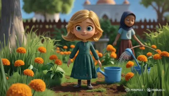Garden Scene: Girls Water Plants in Colorful Setting – AI Generated Video | Hailuo AI