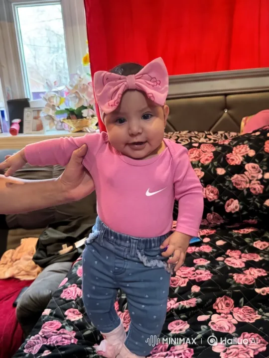 Baby in Nike Top Sways Playfully on Floral Quilt – AI Generated Video | Hailuo AI