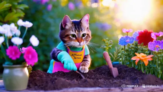 Cat Gardener in Enchanted Garden Scene – AI Generated Video | Hailuo AI