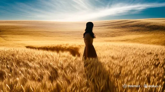 Golden Wheat Field: Serene Woman Amidst Swaying Waves – AI Generated Video | Hailuo AI