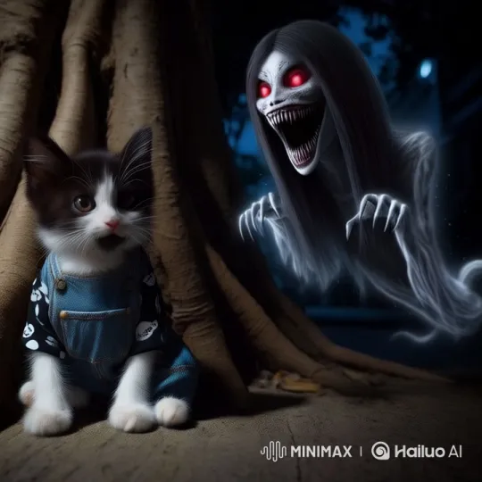 Terrorized Cat Confronts Menacing Ghost Under Night Tree – AI Generated Video | Hailuo AI
