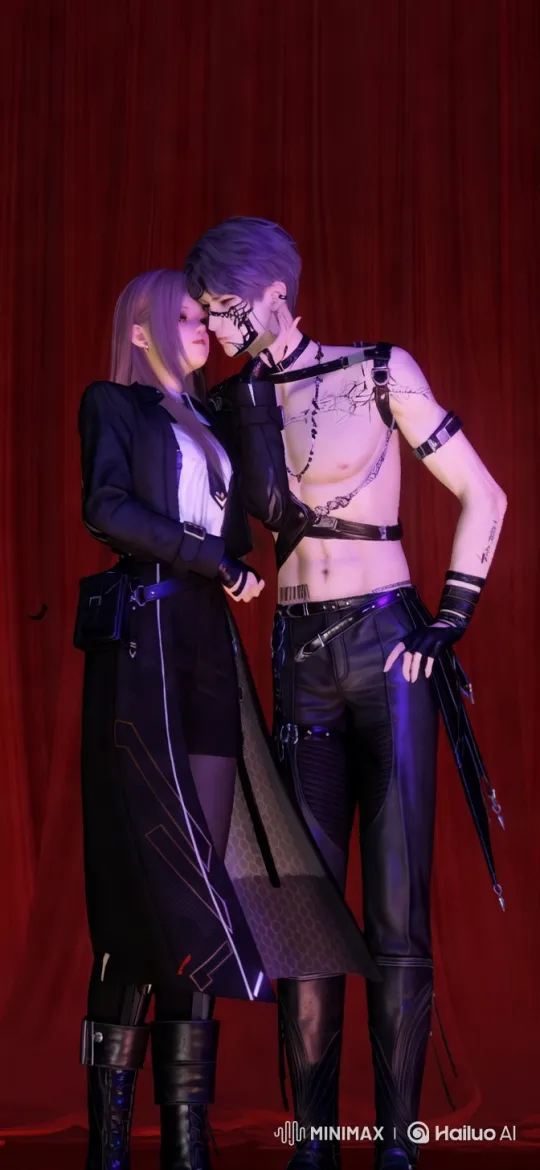 Passionate Lovers Embrace in Dramatic Red Curtain Setting – AI Generated Video | Hailuo AI