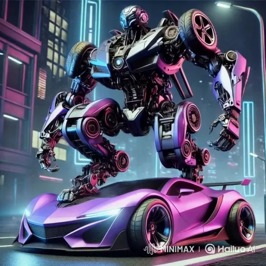 Futuristic Robot and Sports Car Showcase in Neon City – AI Generated Video | Hailuo AI