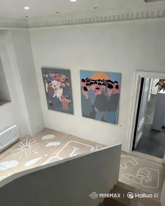 Artistic Interior with Colorful Paintings and Staircase – AI Generated Video | Hailuo AI