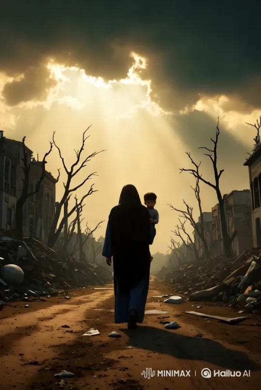 Resilient Woman Navigates Hope Amidst Ruins – AI Generated Video | Hailuo AI