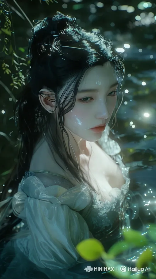Serene Beauty: Woman in Gown Reflects in Water – AI Generated Video | Hailuo AI